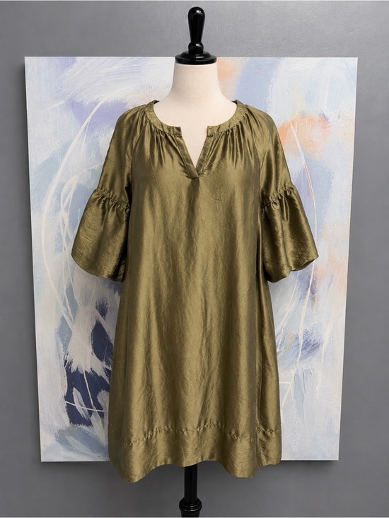 Talbots Dresses & Skirts - 79% Silk! Talbots Shift Dress Small Olive Gold Balloon Sleeve Split Neck Dress